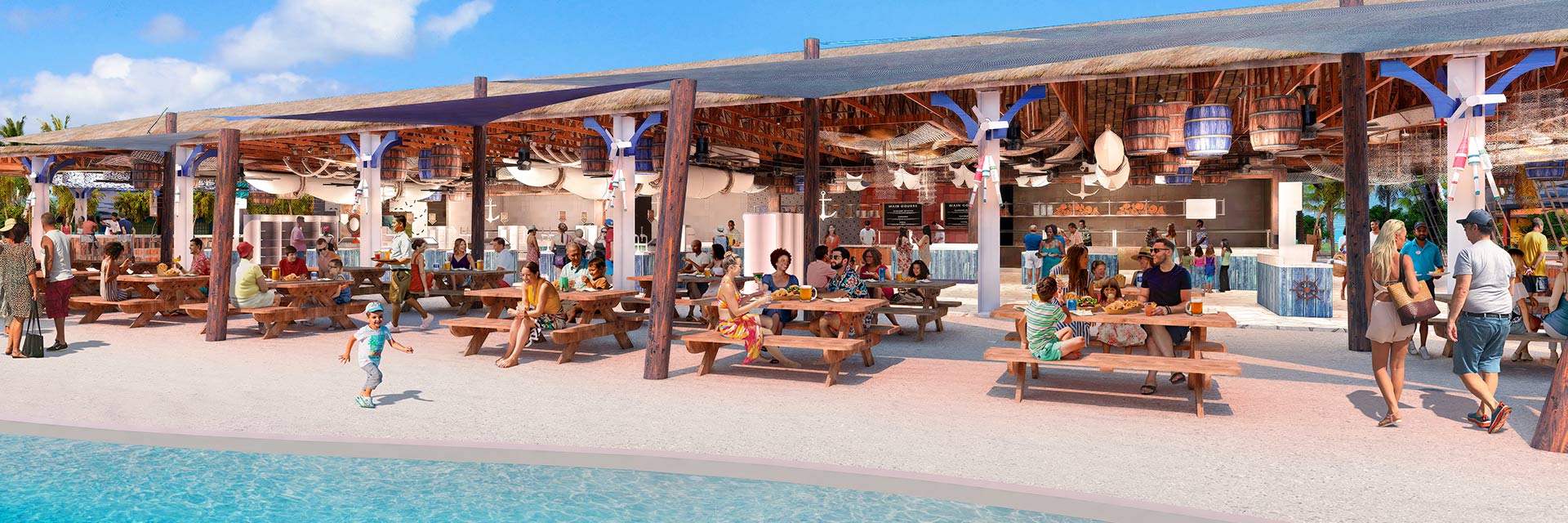 digital rendering of guests dining next to the waterfront celebration key