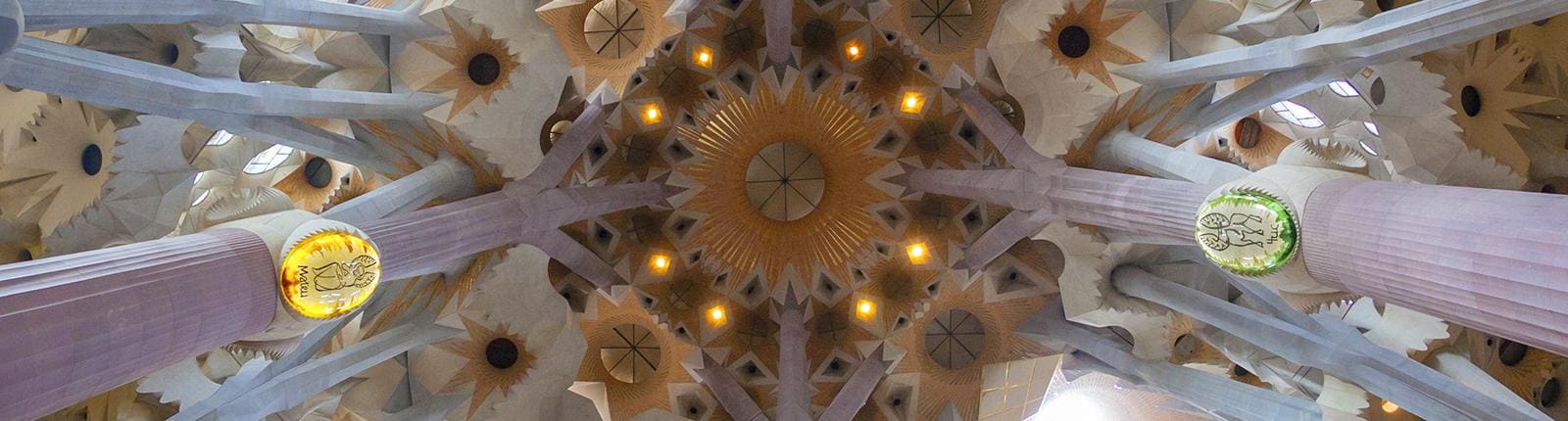 Interior view of the Sagrada Familia ceiling in Barcelona, Spain