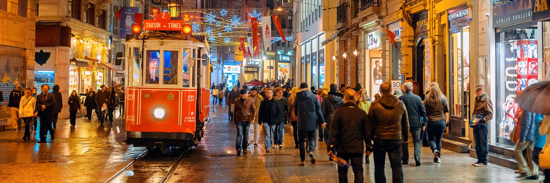 christmas lights on display in the tramway in istanbul, turkey