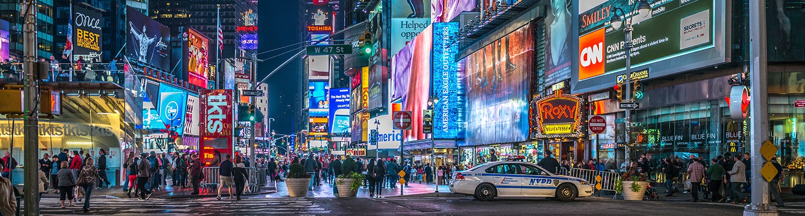 Night time view of Times Square in New York City