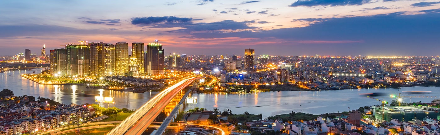 Aerial view of Ho Chi Minh's skyline at sundown