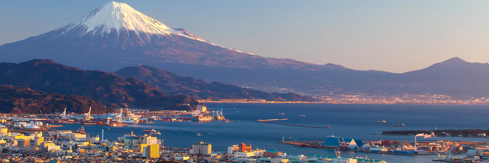 panoramic view of the city of shimizu and mt fiji