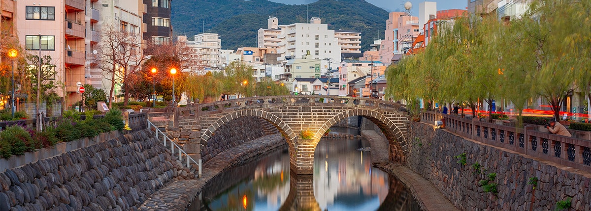 spectacles bridge in nagasaki at dusk