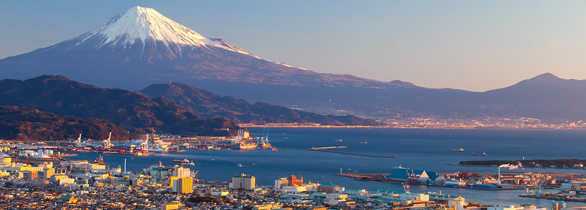 panoramic view of the city of shimizu and mt fiji