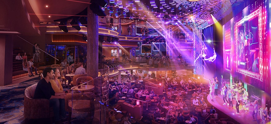 digital rendering of the atrium at night featuring live entertainment