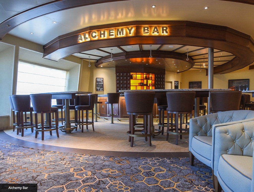 high top seating  and counters at the alchemy bar