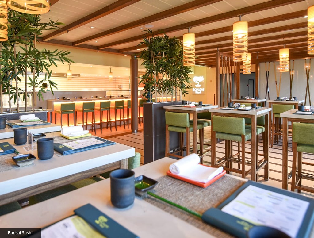 bonsai sushi dining venue decorated with light brown shades and soft lights