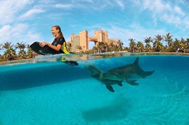 girl riding a body board with dolphins in atlantis