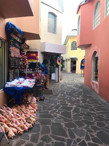 A narrow shopping center with conch shells