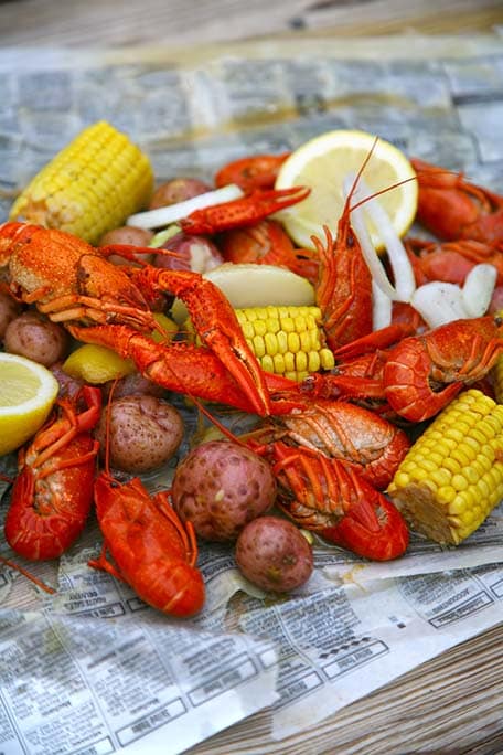 crawfish boil with potatoes and corn in new orleans