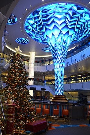 Christmas tree and DreamScape in Carnival Vista’s Atrium
