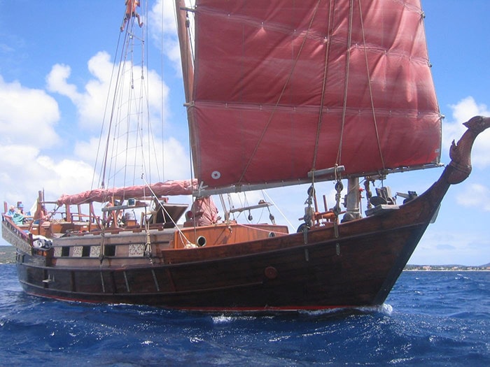 Siamese junk - sailing vessel named Samur sailing Bonaire