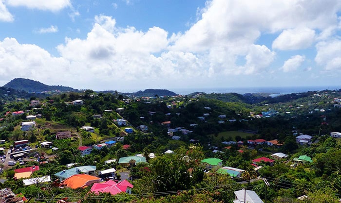 brightly colored homes in the harbor town of St George, Grenada