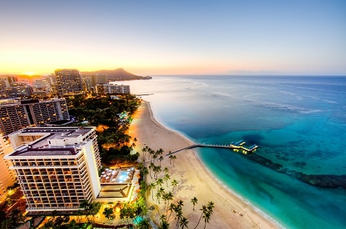 aerial view of sunrise at Waikiki beach in honolulu
