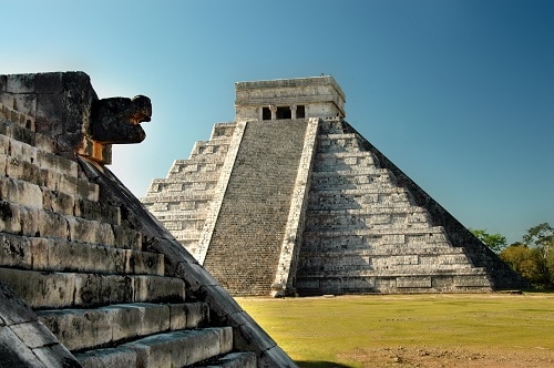temple of chichen itza in the ancient mayan ruins near progresso mexico
