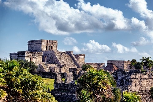 side view of the tulum ruins near the caribbean cruise destination of cozumel, mexico
