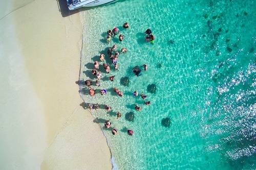 aerial of a group of people enjoying the reef and rays beach