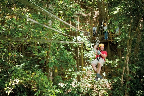 man zip lining through the forest in the caribbean