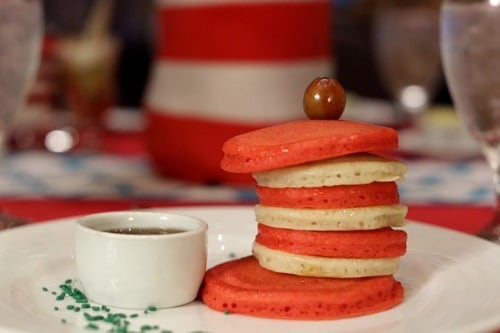 red and white pancakes resembling cat in the hat’s hat at the green eggs and ham breakfast
