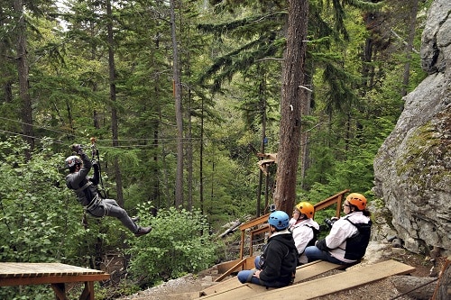 group of people on a zip line excursion in alaska