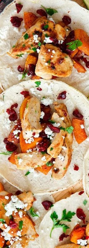 turkey tacos with sweet potato and cranberries