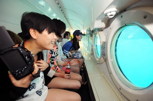 group of people exploring the ocean in a submarine