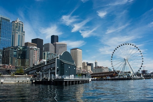 a panoramic view of a seattle pier on the waterfront
