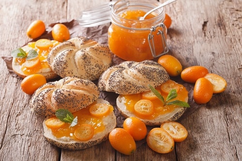 a breakfast of toast with kumquat jam