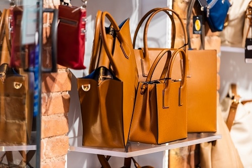 a display of italian leather handbags