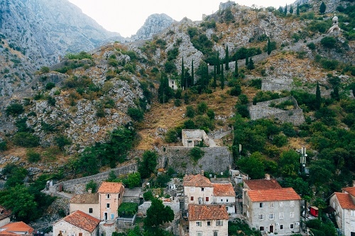 the wall around the city on the mountains of kotor