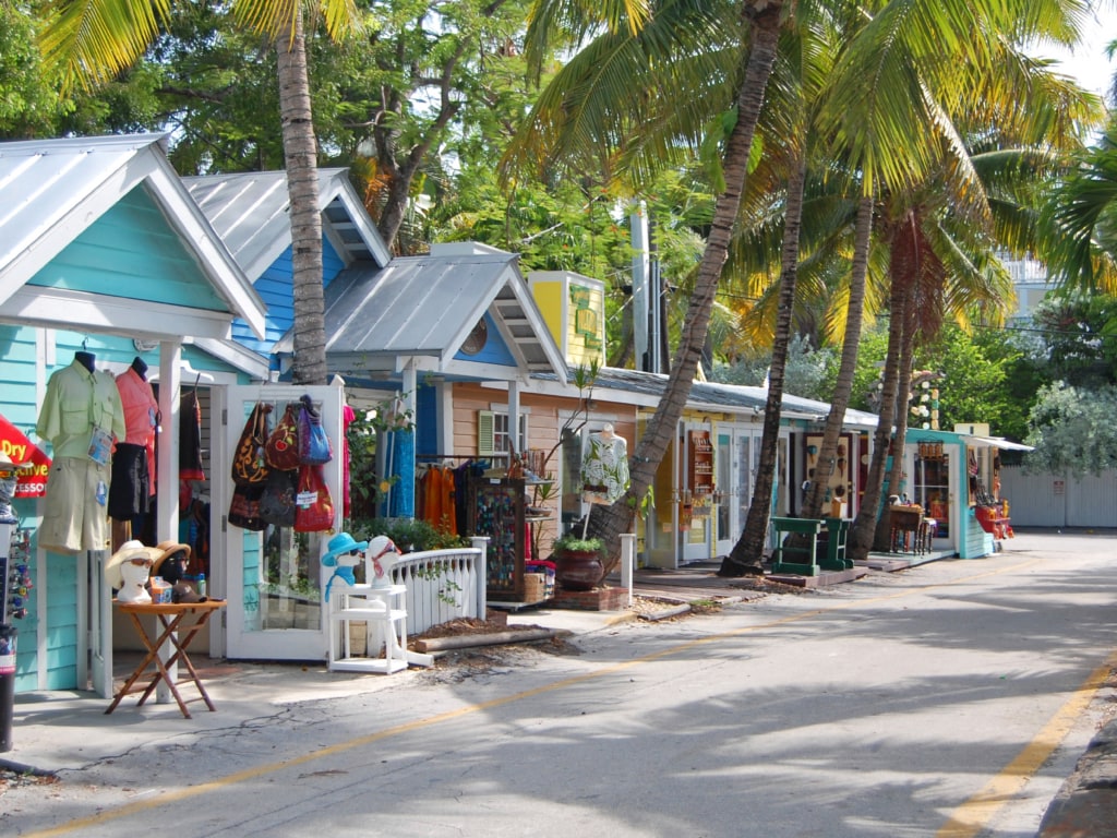 A quaint road lined with local shops in Key West