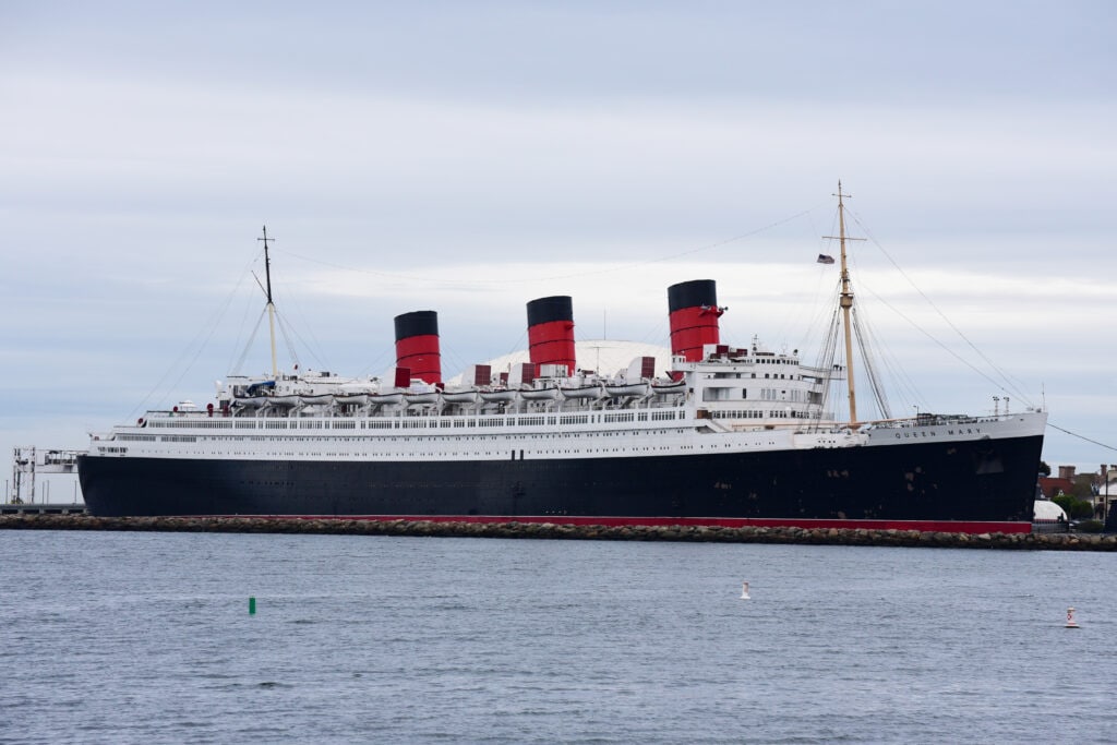 The RMS Queen Mary, now a museum ship, docked in Los Angeles.