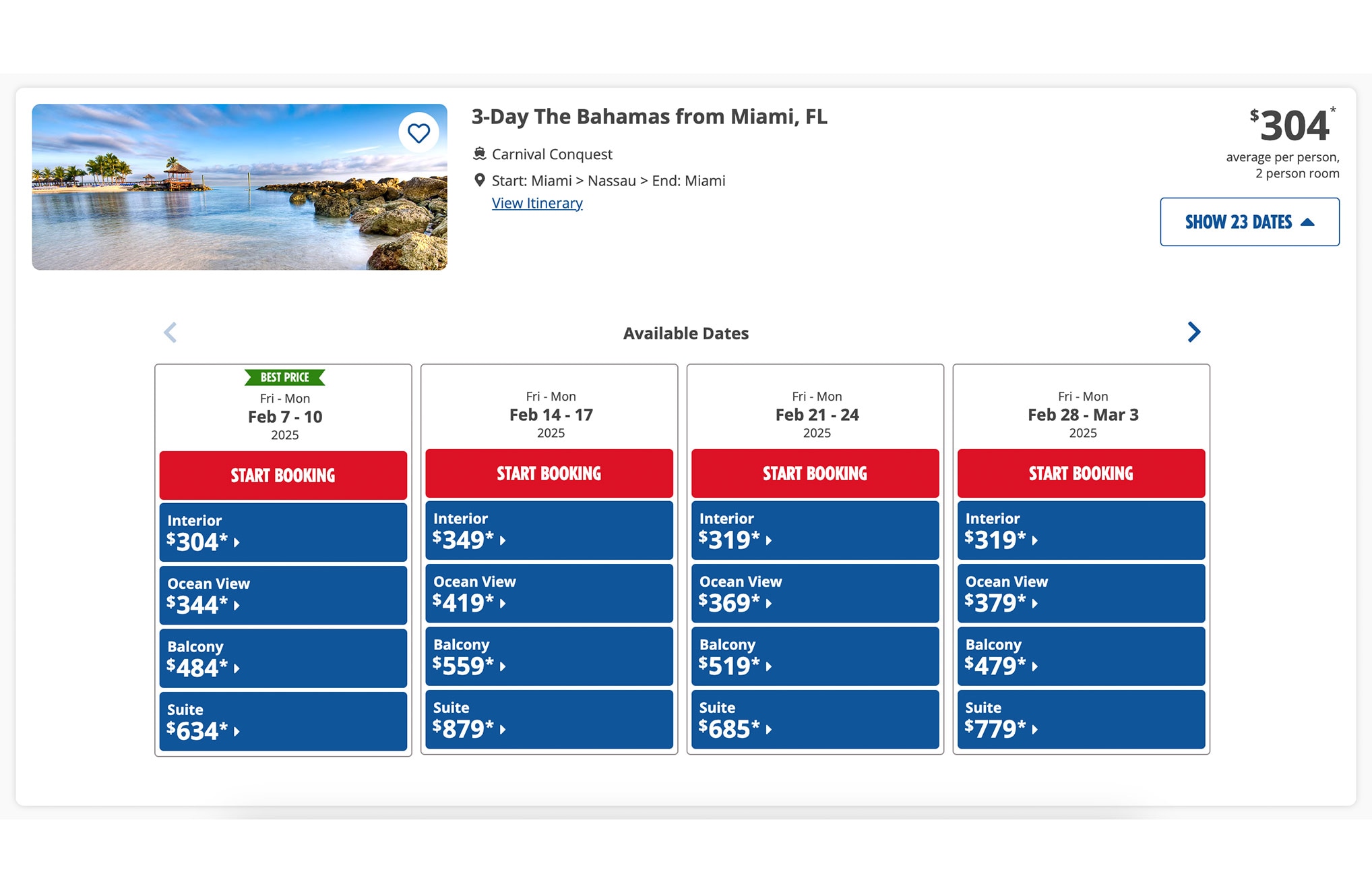 screen shot of carnival conquest sailing options