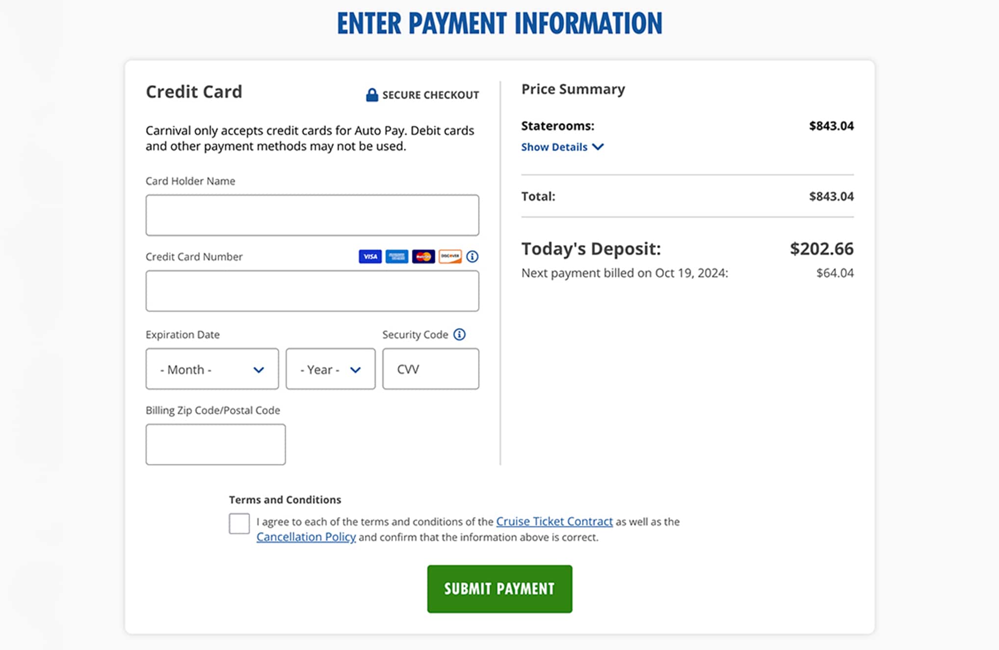 screen shot of credit card entry fields