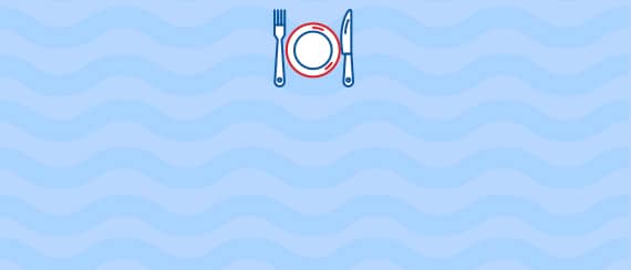 a plate, fork and knife icon superimposed on a wave textured background