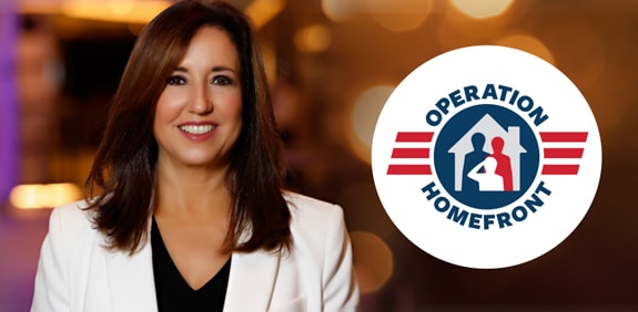 portrait of smiling woman with long brown hair wearing a white blazer; operation homefront logo